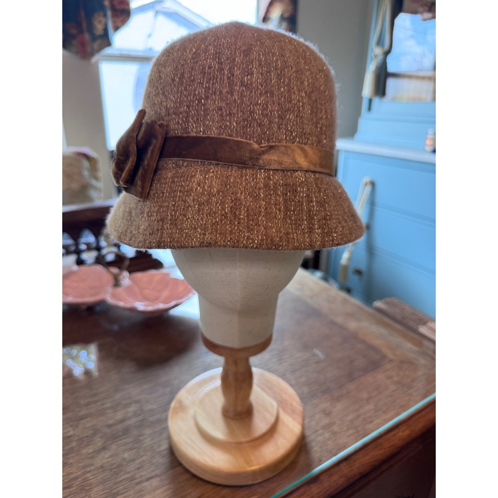 August Hat Company Brown Gold Lurex Wool Blend Cloche Hat Velvet Bow Accent - Picture 2 of 7